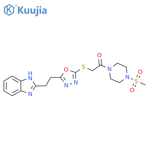 2-({5-2-(1H-1,3-benzodiazol-2-yl)ethyl-1,3,4-oxadiazol-2-yl}sulfanyl)-1-(4-methanesulfonylpiperazin-1-yl)ethan-1-one structure