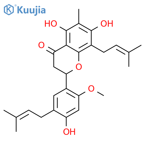 (2S)-5,7,4'-trihydroxy-2'-methoxy-8,5'-di(3-methyl-2-butenyl)-6-methylflavanone structure