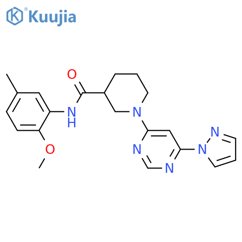 N-(2-methoxy-5-methylphenyl)-1-[6-(1H-pyrazol-1-yl)pyrimidin-4-yl]piperidine-3-carboxamide structure