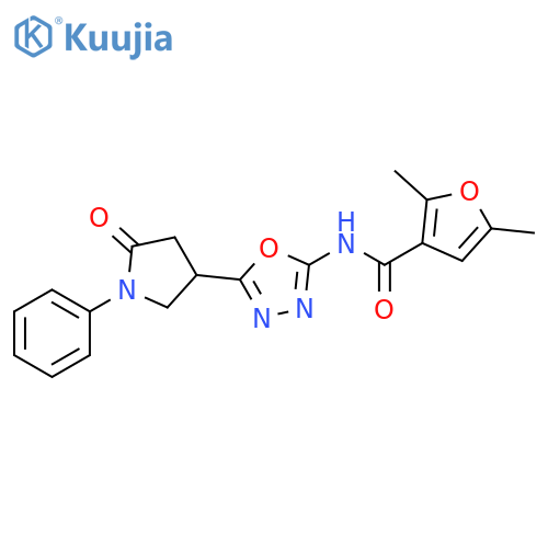 2,5-dimethyl-N-5-(5-oxo-1-phenylpyrrolidin-3-yl)-1,3,4-oxadiazol-2-ylfuran-3-carboxamide structure