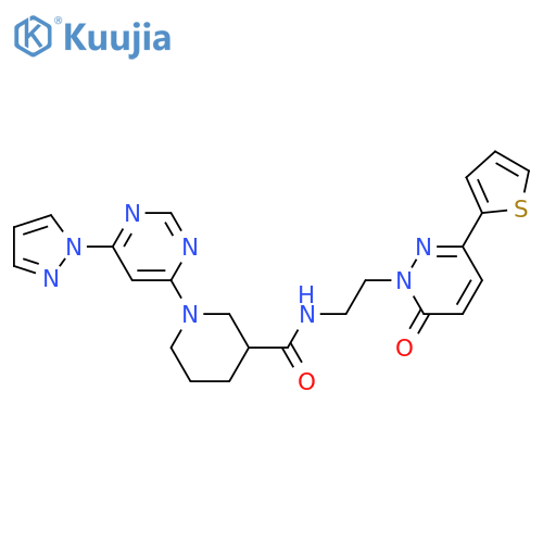 N-{2-6-oxo-3-(thiophen-2-yl)-1,6-dihydropyridazin-1-ylethyl}-1-6-(1H-pyrazol-1-yl)pyrimidin-4-ylpiperidine-3-carboxamide structure