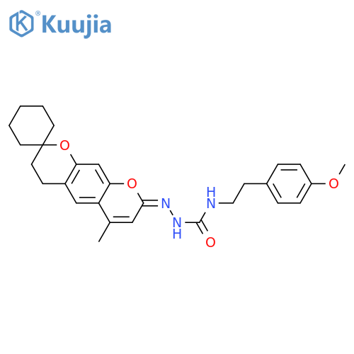 1-2-(4-methoxyphenyl)ethyl-3-({6'-methyl-4',8'-dihydro-3'H-spirocyclohexane-1,2'-pyrano3,2-gchromene-8'-ylidene}amino)urea structure