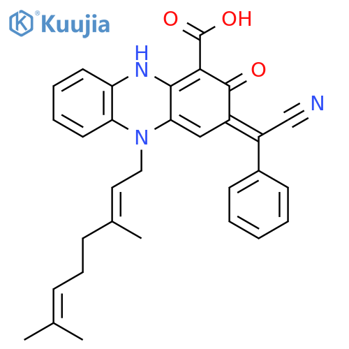 1-Phenazinecarboxylic acid, 3-(cyanophenylmethylene)-5-[(2E)-3,7-dimethyl-2,6-octadien-1-yl]-2,3,5,10-tetrahydro-2-oxo-, (3Z)- structure