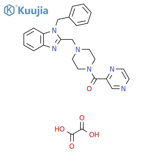 1-benzyl-2-{4-(pyrazine-2-carbonyl)piperazin-1-ylmethyl}-1H-1,3-benzodiazole; oxalic acid structure