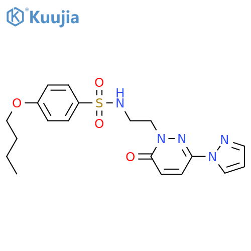 4-butoxy-N-{2-6-oxo-3-(1H-pyrazol-1-yl)-1,6-dihydropyridazin-1-ylethyl}benzene-1-sulfonamide structure