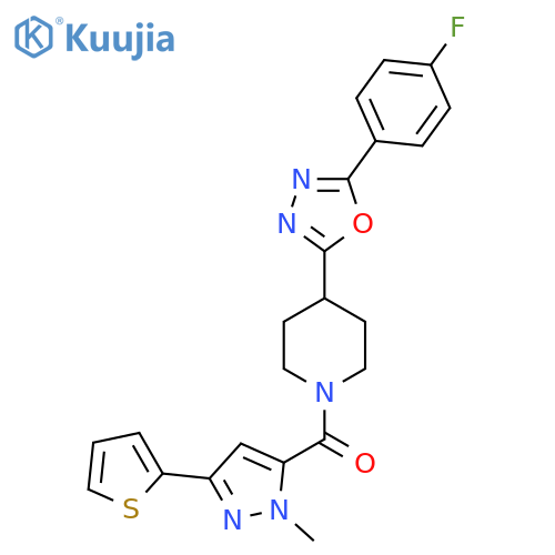 4-5-(4-fluorophenyl)-1,3,4-oxadiazol-2-yl-1-1-methyl-3-(thiophen-2-yl)-1H-pyrazole-5-carbonylpiperidine structure