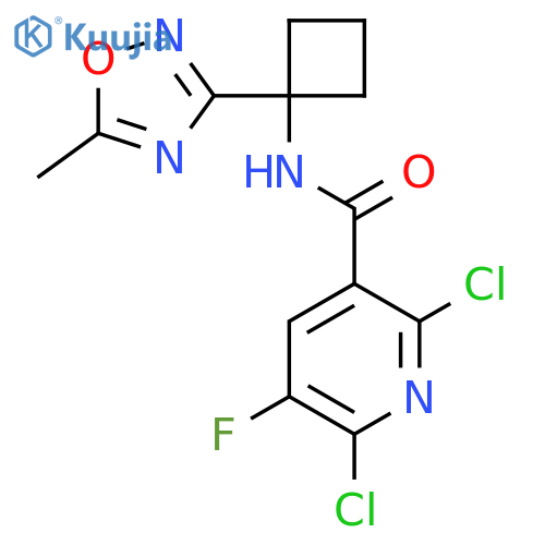 2,6-dichloro-5-fluoro-N-[1-(5-methyl-1,2,4-oxadiazol-3-yl)cyclobutyl]pyridine-3-carboxamide structure