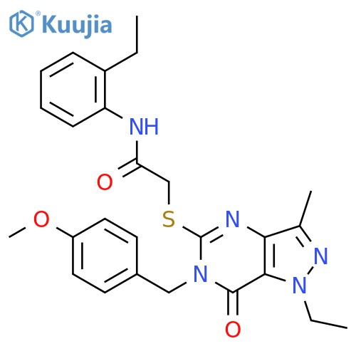 2-({1-ethyl-6-(4-methoxyphenyl)methyl-3-methyl-7-oxo-1H,6H,7H-pyrazolo4,3-dpyrimidin-5-yl}sulfanyl)-N-(2-ethylphenyl)acetamide structure