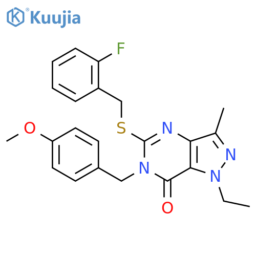 1-ethyl-5-{[(2-fluorophenyl)methyl]sulfanyl}-6-[(4-methoxyphenyl)methyl]-3-methyl-1H,6H,7H-pyrazolo[4,3-d]pyrimidin-7-one structure