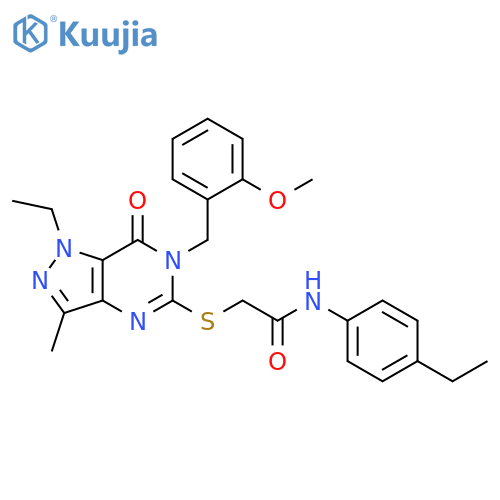 2-({1-ethyl-6-[(2-methoxyphenyl)methyl]-3-methyl-7-oxo-1H,6H,7H-pyrazolo[4,3-d]pyrimidin-5-yl}sulfanyl)-N-(4-ethylphenyl)acetamide structure