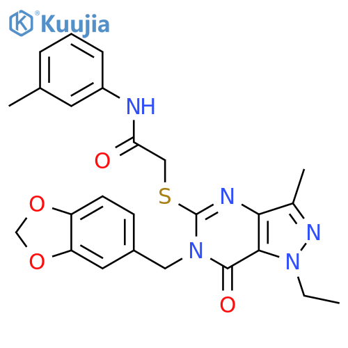 2-({6-[(2H-1,3-benzodioxol-5-yl)methyl]-1-ethyl-3-methyl-7-oxo-1H,6H,7H-pyrazolo[4,3-d]pyrimidin-5-yl}sulfanyl)-N-(3-methylphenyl)acetamide structure