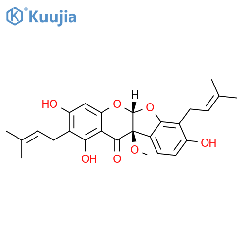 11H-Benzofuro[2,3-b][1]benzopyran-11-one, 5a,10b-dihydro-1,3,8-trihydroxy-10b-methoxy-2,7-bis(3-methyl-2-buten-1-yl)-, (5aR,10bR)-rel- structure