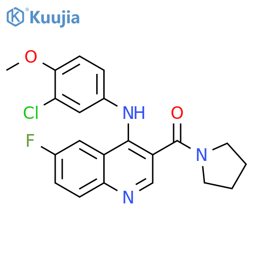 N-(3-chloro-4-methoxyphenyl)-6-fluoro-3-(pyrrolidine-1-carbonyl)quinolin-4-amine structure