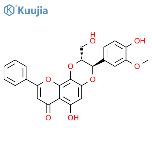 7H-Pyrano[2,3-f]-1,4-benzodioxin-7-one, 2,3-dihydro-6-hydroxy-3-(4-hydroxy-3-methoxyphenyl)-2-(hydroxymethyl)-9-phenyl-, (2R,3R)-rel- structure