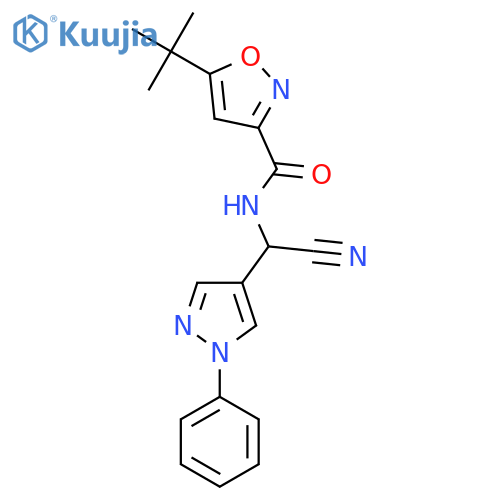 5-Tert-butyl-N-[cyano-(1-phenylpyrazol-4-yl)methyl]-1,2-oxazole-3-carboxamide structure
