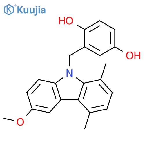 1,4-Benzenediol, 2-[(6-methoxy-1,4-dimethyl-9H-carbazol-9-yl)methyl]- structure