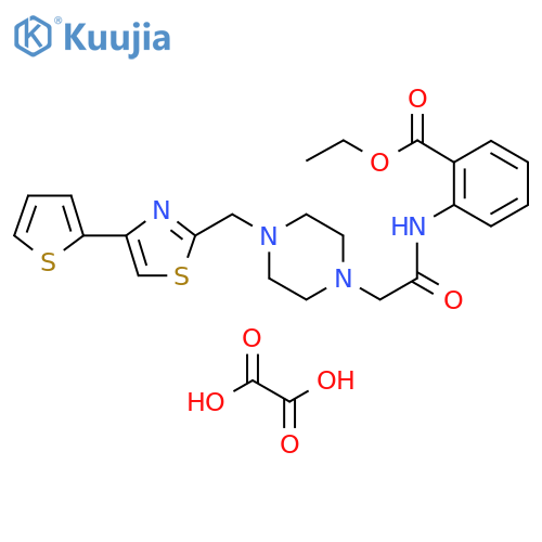 ethyl 2-2-(4-{4-(thiophen-2-yl)-1,3-thiazol-2-ylmethyl}piperazin-1-yl)acetamidobenzoate; oxalic acid structure
