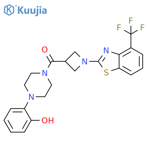 2-(4-{1-4-(trifluoromethyl)-1,3-benzothiazol-2-ylazetidine-3-carbonyl}piperazin-1-yl)phenol structure