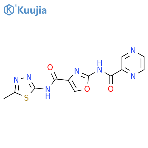 N-{4-(5-methyl-1,3,4-thiadiazol-2-yl)carbamoyl-1,3-oxazol-2-yl}pyrazine-2-carboxamide structure