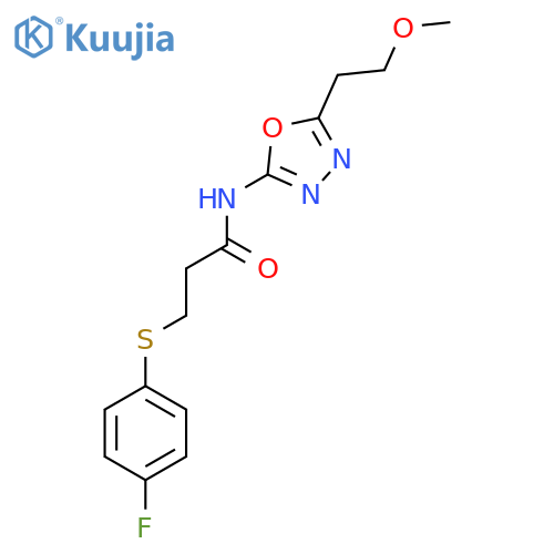 3-(4-fluorophenyl)sulfanyl-N-5-(2-methoxyethyl)-1,3,4-oxadiazol-2-ylpropanamide structure