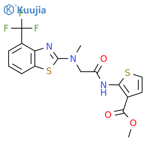methyl 2-(2-{methyl4-(trifluoromethyl)-1,3-benzothiazol-2-ylamino}acetamido)thiophene-3-carboxylate structure
