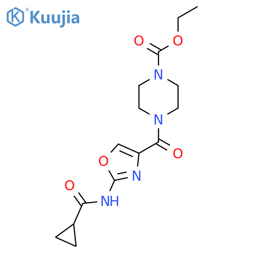 ethyl 4-(2-cyclopropaneamido-1,3-oxazole-4-carbonyl)piperazine-1-carboxylate structure