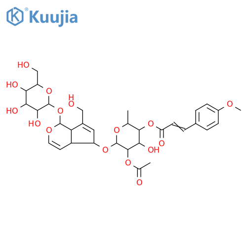 b-D-Glucopyranoside,5-[[2-O-acetyl-6-deoxy-4-O-[(2E)-3-(4-methoxyphenyl)-1-oxo-2-propen-1-yl]-a-L-mannopyranosyl]oxy]-1,4a,5,7a-tetrahydro-7-(hydroxymethyl)cyclopenta[c]pyran-1-yl,(1S,4aS,5R,7aR)- structure