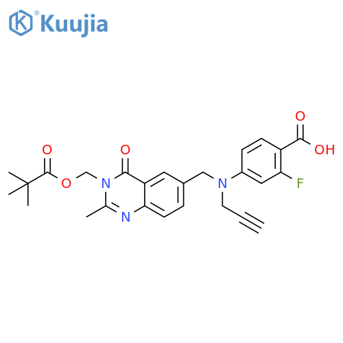Benzoic acid,4-[[[3-[(2,2-dimethyl-1-oxopropoxy)methyl]-3,4-dihydro-2-methyl-4-oxo-6-quinazolinyl]methyl]-2-propynylamino]-2-fluoro- structure