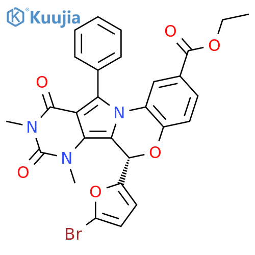 (S)-Ethyl 6-(5-bromofuran-2-yl)-7,9-dimethyl-8,10-dioxo-11-phenyl-7,8,9,10-tetrahydro-6H-benzo[b]pyrimido[4',5':3,4]pyrrolo[1,2-d][1,4]oxazine-2-carboxylate structure