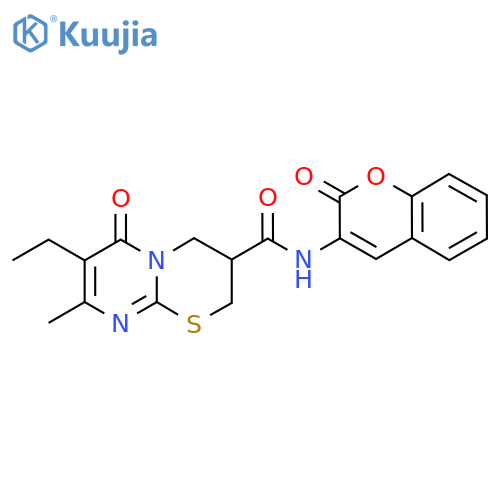 7-ethyl-8-methyl-6-oxo-N-(2-oxo-2H-chromen-3-yl)-2H,3H,4H,6H-pyrimido2,1-b1,3thiazine-3-carboxamide structure
