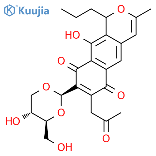 1H-Naphtho[2,3-c]pyran-6,9-dione,10-hydroxy-8-[(2R,4S,5R)-5-hydroxy-4-(hydroxymethyl)-1,3-dioxan-2-yl]-3-methyl-7-(2-oxopropyl)-1-propyl-,rel- structure