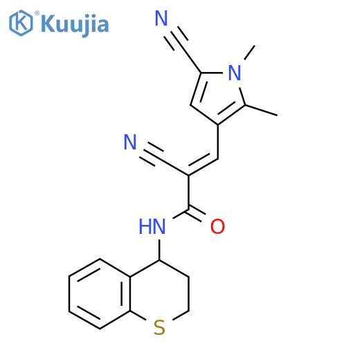(E)-2-Cyano-3-(5-cyano-1,2-dimethylpyrrol-3-yl)-N-(3,4-dihydro-2H-thiochromen-4-yl)prop-2-enamide structure