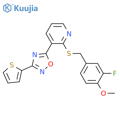 2-{(3-fluoro-4-methoxyphenyl)methylsulfanyl}-3-3-(thiophen-2-yl)-1,2,4-oxadiazol-5-ylpyridine structure