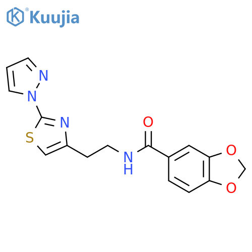 N-{2-2-(1H-pyrazol-1-yl)-1,3-thiazol-4-ylethyl}-2H-1,3-benzodioxole-5-carboxamide structure