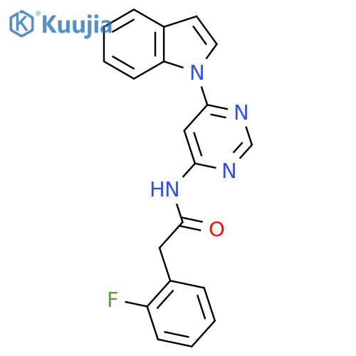 2-(2-fluorophenyl)-N-6-(1H-indol-1-yl)pyrimidin-4-ylacetamide structure