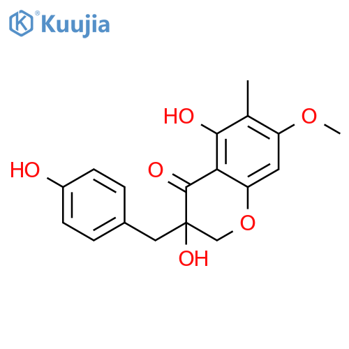 (3R)-3,5-dihydroxy-7-methoxy-6-methyl-3-(4-hydroxybenzyl)chroman-4-one structure