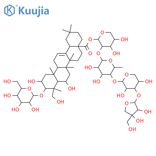 Olean-12-en-28-oic acid, 3-(β-D-glucopyranosyloxy)-2,6,23-trihydroxy-, O-D-apio-β-D-furanosyl-(1→3)-O-β-D-xylopyranosyl-(1→4)-O-6-deoxy-α-L-mannopyranosyl-(1→2)-α-L-arabinopyranosyl ester, (2β,3β,4α,6β)- structure