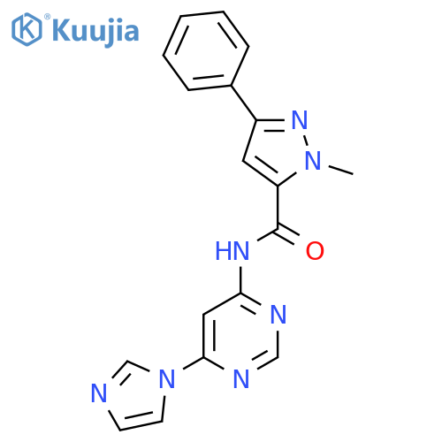 N-6-(1H-imidazol-1-yl)pyrimidin-4-yl-1-methyl-3-phenyl-1H-pyrazole-5-carboxamide structure