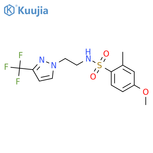 4-methoxy-2-methyl-N-{2-3-(trifluoromethyl)-1H-pyrazol-1-ylethyl}benzene-1-sulfonamide structure
