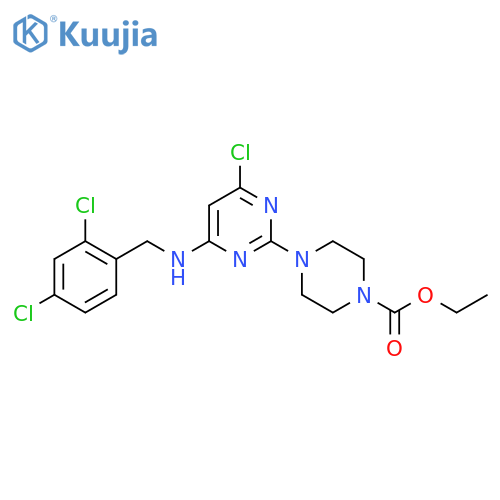Ethyl 4-(4-chloro-6-((2,4-dichlorobenzyl)amino)pyrimidin-2-yl)piperazine-1-carboxylate structure