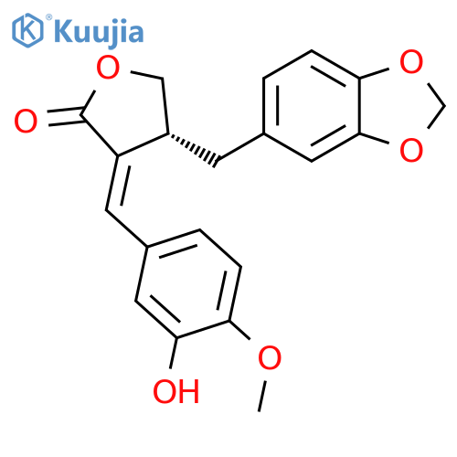 2(3H)-Furanone, 4-(1,3-benzodioxol-5-ylmethyl)dihydro-3-[(3-hydroxy-4-methoxyphenyl)methylene]-, (3E,4R)- structure