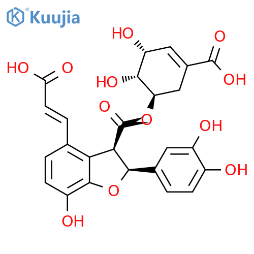 3-Benzofurancarboxylic acid, 4-[(1E)-2-carboxyethenyl]-2-(3,4-dihydroxyphenyl)-2,3-dihydro-7-hydroxy-, 3-[(1R,5R,6R)-3-carboxy-5,6-dihydroxy-3-cyclohexen-1-yl] ester, (2S,3R)- structure