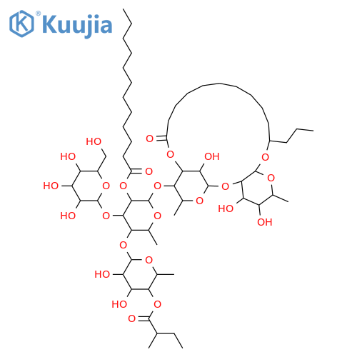 Tetradecanoic acid,11-[[O-(S)-6-deoxy-4-O-(2-methyl-1-oxobutyl)-a-L-mannopyranosyl-(1&reg;4)-O-[b-D-glucopyranosyl-(1&reg;3)]-O-6-deoxy-2-O-(1-oxododecyl)-a-L-mannopyranosyl-(1&reg;4)-O-6-deoxy-a-L-mannopyranosyl-(1&reg;2)-6-deoxy-b-D-galactopyranosyl]oxy]-, intramol. 1,3''-ester,(11S)- (9CI) structure