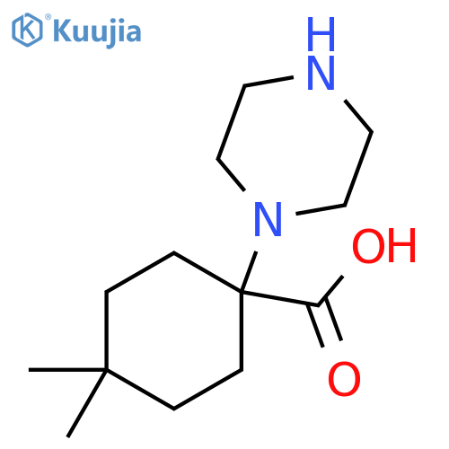 Cyclohexanecarboxylic acid, 4,4-dimethyl-1-(1-piperazinyl)- structure