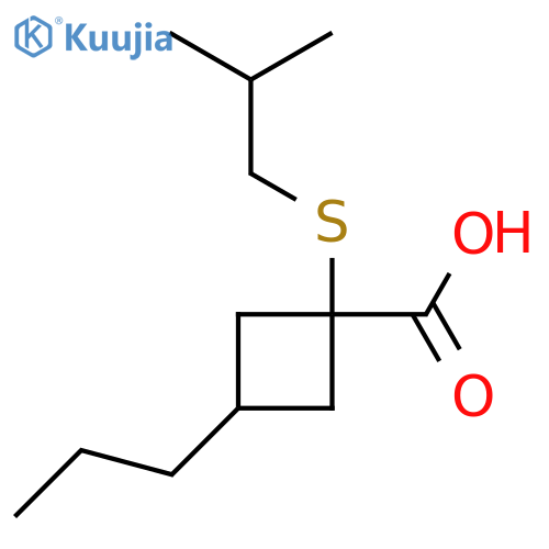1-(2-methylpropyl)sulfanyl-3-propylcyclobutane-1-carboxylic acid structure