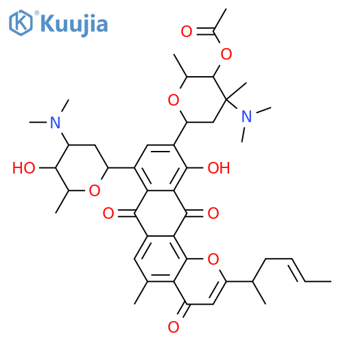4H-Anthra[1,2-b]pyran-4,7,12-trione, 10-[4-O-acetyl-2,3,6-trideoxy-3-(dimethylamino)-3-C-methyl-α-L-lyxo-hexopyranosyl]-11-hydroxy-5-methyl-2-(1-methyl-3-pentenyl)-8-[2,3,6-trideoxy-3-(dimethylamino)-β-D-arabino-hexopyranosyl]- (9CI) structure