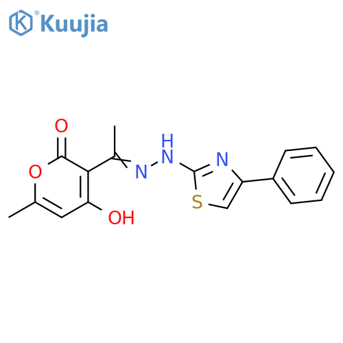 4-Hydroxy-6-methyl-3-2-(4-phenyl-1,3-thiazol-2-yl)ethanehydrazonoyl-2H-pyran-2-one structure