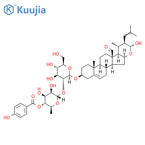 3-((2-O-(6-deoxy-4-O-(4-hydroxybenzoyl)mannopyranosyl)glucopyranosyl)oxy)-16,23-epoxy-23-hydroxy-22-(2-methyl-1-propenyl)-24-norchol-5-en-18-al structure