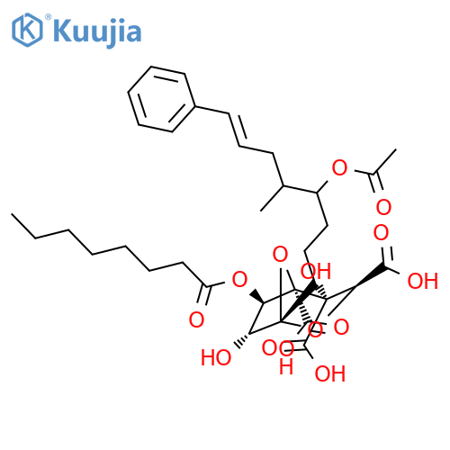 L-glycero-D-altro-Pentadec-14-en-7-ulo-7,4-furanosonicacid,2,7-anhydro-3,4-di-C-carboxy-8,9,10,12,13,14,15-heptadeoxy-12-methyl-15-phenyl-,11-acetate 5-octanoate, (7S,11x,12x,14E)- (9CI) structure