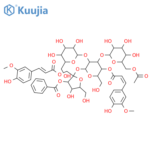 α-D-Glucopyranoside, 3-O-benzoyl-1-O-[(2E)-3-(4-hydroxy-3-methoxyphenyl)-1-oxo-2-propen-1-yl]-β-D-fructofuranosyl O-6-O-acetyl-β-D-glucopyranosyl-(1→3)-O-[β-D-glucopyranosyl-(1→2)]-, 4-[(2E)-3-(4-hydroxy-3-methoxyphenyl)-2-propenoate] structure